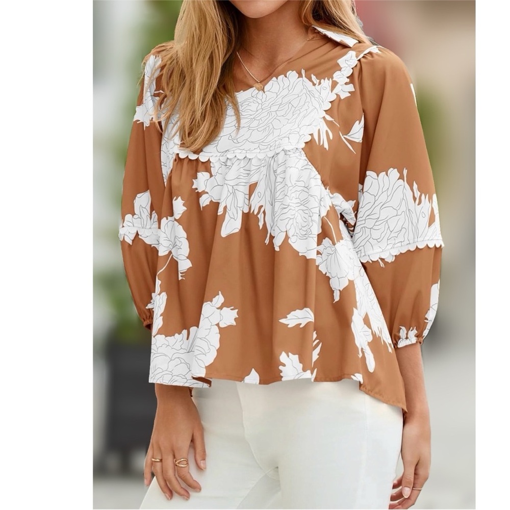 Boutique Floral Babydoll Blouse XL Brown Boho Balloon Sleeve